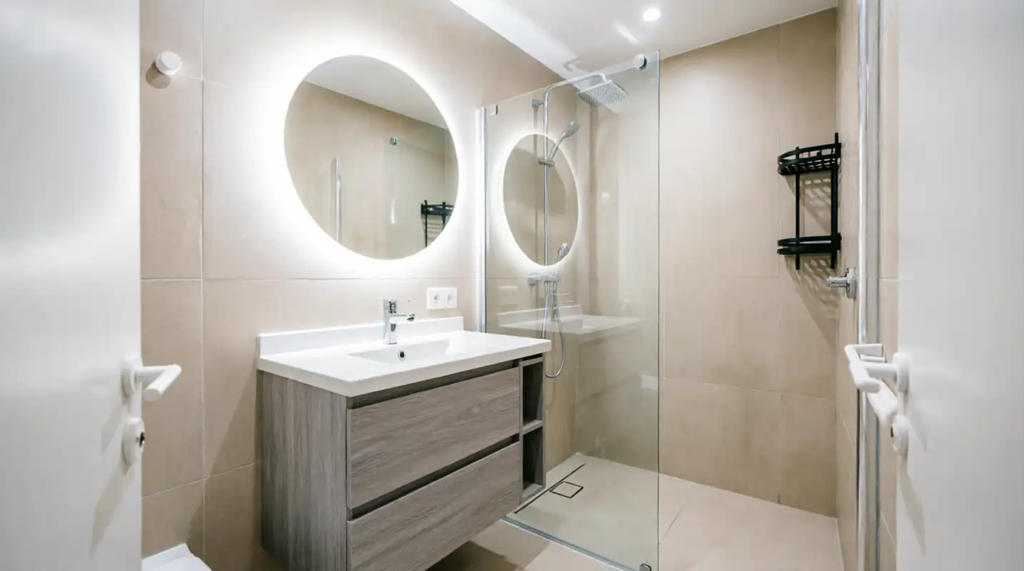 Optimisation d'une petite salle de bain parisienne avec meuble vasque compact, miroir lumineux et douche adaptée