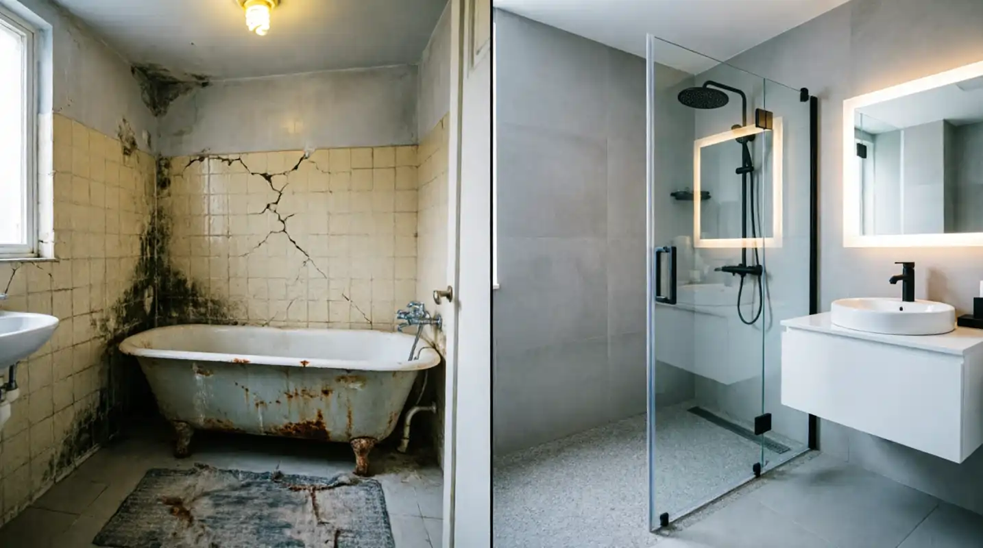 Transformation d'une salle de bain : avant avec baignoire ancienne et après avec douche moderne et vasque suspendue